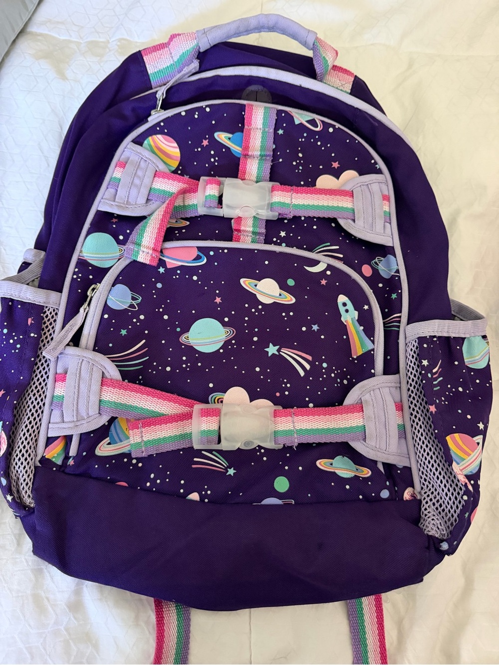 Pottery Barn Kids Purple Space Rocket Backpack with Pastel Stripes
